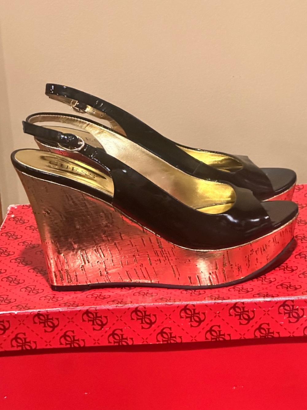 Guess Black Patent Slingback Wedges with Metallic Gold Platform